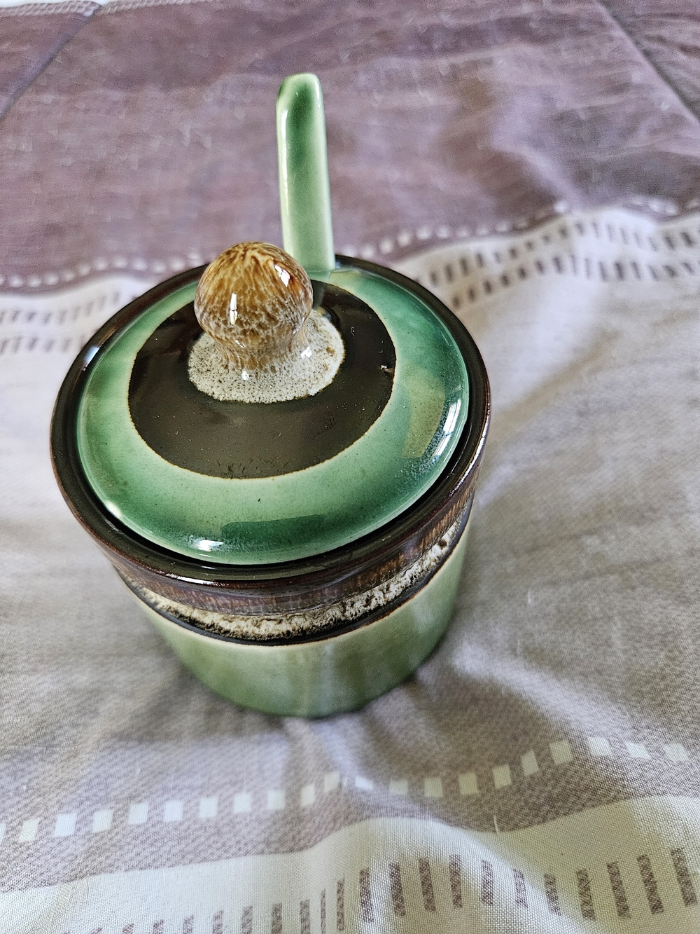 Green Ceramic Lidded Sugar, Honey Jar with Spoon